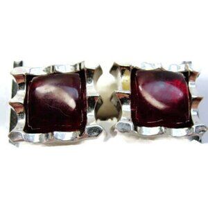 Foster Red Stone Square Mid Century Silver Tone Vintage Cufflinks